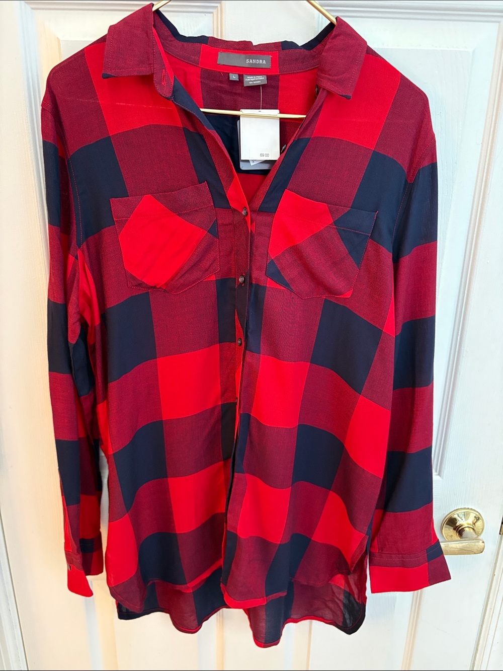 Sandra Nordstrom Long-Sleeve Red buffalo Plaid Button-Down Shirt large NWT